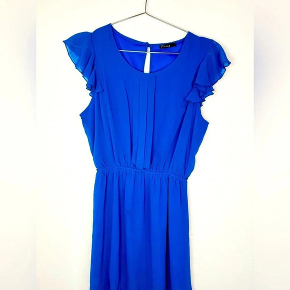 Timing Blue Sheer Ruffle Sleeve Dress Flowy Pleated Front - Picture 3 of 8